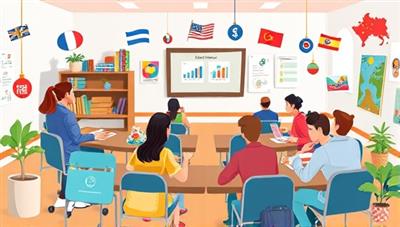 An animated illustration of a virtual classroom environment with diverse students interacting in different languages, surrounded by digital language learning resources and cultural symbols, portraying a dynamic and immersive language learning experience.