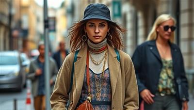 A chic ensemble featuring a model accessorized with upcycled fashion items, showcasing the unique designs and eco-friendly appeal of the accessories against a backdrop of urban street style.