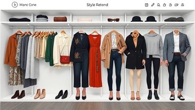 A digital wardrobe interface displaying a variety of clothing items, accessories, and outfit combinations, with virtual try-on options and style suggestions, creating a personalized and interactive virtual styling experience.