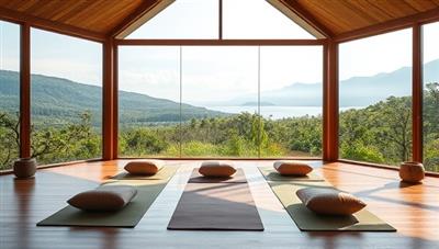 A serene virtual retreat setting with calming nature views, yoga mats, and meditation cushions arranged for a wellness workshop, with peaceful music playing in the background, capturing the essence of relaxation and rejuvenation in online wellness retreats.