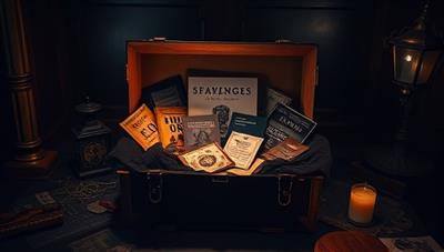An intriguing visual featuring a mysterious and enigmatic box filled with thematic props, puzzles, and clues, surrounded by a shadowy atmosphere and dim lighting, evoking a sense of anticipation and discovery for subscribers eager to unravel the mysteries within each monthly delivery.