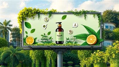 A digital mockup of a billboard featuring a brand's product surrounded by lush greenery and eco-friendly icons, conveying a message of sustainability and environmental responsibility in advertising.