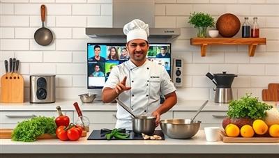 An inviting kitchen setup with a chef conducting an online cooking class, surrounded by fresh ingredients, cooking utensils, and a computer screen displaying live participant interactions, creating a vibrant and educational culinary atmosphere.