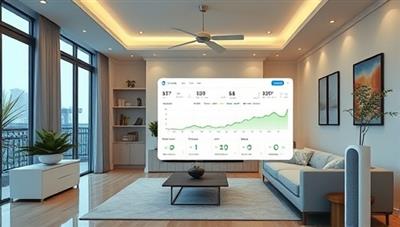 An elegant home interior with smart devices connected to the EcoSmart Hub, displaying real-time energy usage data on a sleek dashboard, showcasing the system's integration and efficiency in managing home energy consumption.