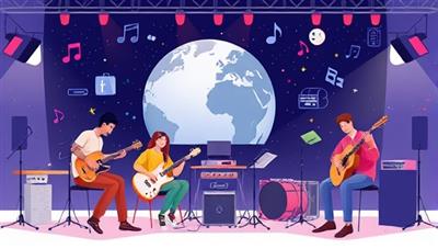 An engaging digital illustration featuring musicians from different locations collaborating on a virtual music project, sharing ideas, playing instruments, and recording tracks together, showcasing the seamless connectivity and creative potential of the online music collaboration platform.