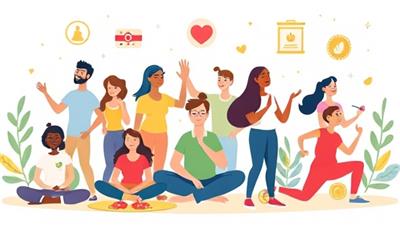 An engaging digital illustration showcasing a diverse group of individuals exercising, meditating, and eating healthily, surrounded by insurance symbols and wellness rewards, conveying the integration of insurance and well-being in the InsureWell Rewards program.
