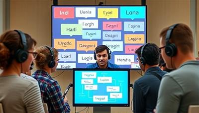 A diverse group of individuals engaged in a virtual language lesson, each with a headset on, interacting with their tutor on a screen displaying various language scripts, symbolizing global connectivity and learning.