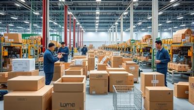 A modern factory floor with workers assembling modular packaging components made from recyclable materials, showcasing efficiency and eco-friendliness in action.