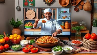 An interactive virtual cooking class setup featuring a chef demonstrating a traditional recipe on-screen, surrounded by colorful ingredients, cooking utensils, and cultural decor elements, creating a sensory-rich culinary experience for participants to enjoy from home.