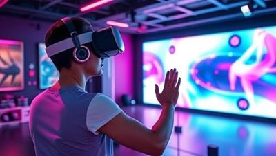 An immersive VR environment with a user participating in a virtual fitness class led by a digital instructor, surrounded by vibrant visuals and motivational cues, illustrating the futuristic and engaging nature of the platform.
