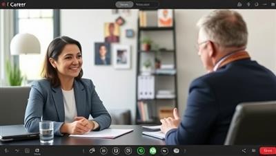 A virtual career coaching session where a professional mentor discusses career goals and development strategies with a client, showcasing a collaborative and empowering approach to professional growth and advancement.