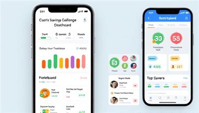 An engaging app interface showing a savings challenge dashboard with progress bars, achievement badges, and a leaderboard of top savers, creating a competitive and motivating environment for users to save more.