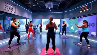 A virtual fitness studio environment featuring users in workout attire engaging in dynamic fitness routines and exercises led by virtual trainers, with motivational messages and progress trackers displayed in the virtual space, creating an immersive and interactive fitness education experience.
