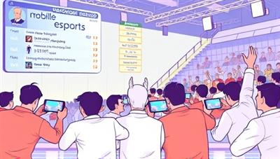 An illustration of a mobile eSports tournament in action, with players competing on their smartphones, a live leaderboard displaying scores, and a virtual cheering audience, capturing the excitement and competitiveness of mobile eSports competitions.