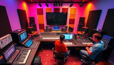 A vibrant visual representation of a virtual music production studio filled with recording equipment, synthesizers, and digital interfaces, with participants interacting with software and mixing tracks, capturing the creative and collaborative spirit of SoundCrafters workshops.