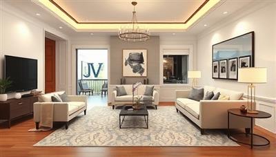 An elegant digital illustration of a virtual living room design concept, featuring stylish furniture arrangements, color palettes, and decor elements, highlighting the sophistication and creativity of DesignVision's virtual interior design services.