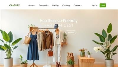 A visually appealing website layout featuring stylish and eco-friendly fashion products displayed on virtual mannequins, surrounded by greenery and sustainable packaging, conveying a sense of eco-consciousness and style.