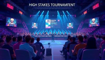 An illustration of a virtual arena filled with cheering spectators and competitive gamers facing off in a high-stakes gaming tournament, capturing the intensity and excitement of online competitive gaming on the platform.