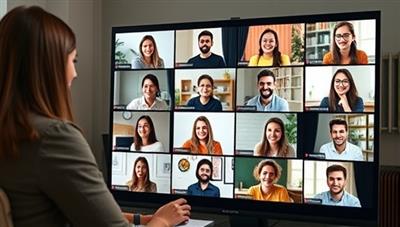 An online language tutor conducting a virtual lesson with a diverse group of students, each represented by a small video feed on the screen, showcasing a dynamic and interactive learning environment.