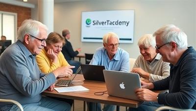 A group of seniors enthusiastically participating in a tech workshop, engaging with digital devices and learning new skills in a supportive and inclusive environment at SilverTech Academy, showcasing the integration of tech education and senior empowerment.