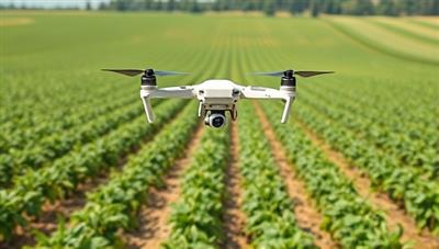 An illustration of a farm field with AI drones equipped with sensors and cameras, scanning crops for pest activity and transmitting real-time data to a central monitoring system, demonstrating the advanced technology used in pest management.