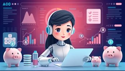 An AI assistant visualized as a friendly and approachable character managing financial documents and charts on a digital interface, surrounded by financial symbols and piggy banks, conveying efficiency and financial empowerment.