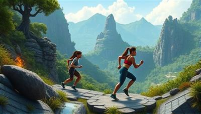 An adventurous virtual fitness landscape with avatars completing workout tasks amidst lush scenery and hidden treasures, blending the excitement of exploration with the benefits of physical activity in the virtual fitness adventure challenges.