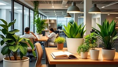 An office setting with eco-friendly decor elements like plants, recycled paper products, and energy-efficient lighting, conveying a commitment to sustainability and environmental stewardship in accounting practices.