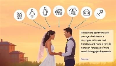 An illustrative scene showing a couple exchanging vows at a wedding ceremony, with icons representing different life stages like parenthood, retirement, and relocation hovering above, symbolizing the flexible and comprehensive insurance coverage provided by TransitionGuard Plans for all significant life transitions, ensuring peace of mind and security during pivotal moments.