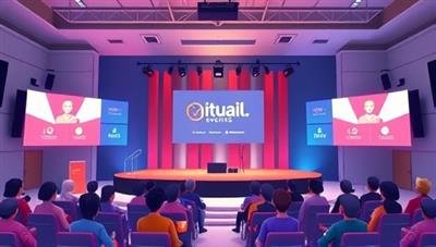 An animated graphic showcasing a virtual event setup with a stage, audience avatars, and interactive features, representing the innovative and engaging nature of virtual events facilitated by the platform.