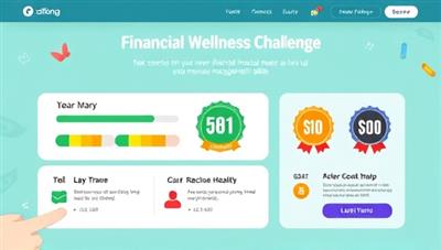 An engaging digital illustration of a financial wellness challenge interface, featuring colorful progress bars, achievement badges, and motivating messages, encouraging users to take control of their financial health and level up their money management skills.
