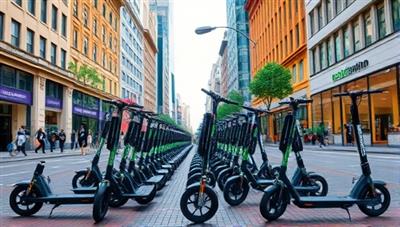 A vibrant cityscape with electric scooters parked neatly along a bustling street, showcasing a modern and sustainable urban transportation solution.