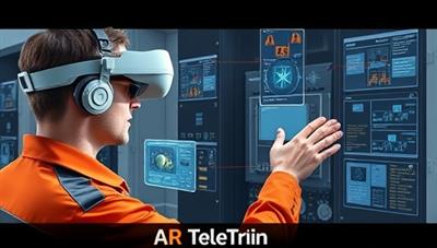 An AR headset illustration showing a telecom technician engaging in a virtual training simulation, troubleshooting equipment in a lifelike AR environment, with digital overlays displaying technical instructions and guidance, highlighting the immersive and interactive training experience provided by AR TeleTrain.