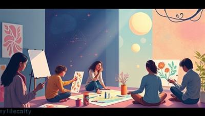 An emotive digital illustration of a virtual art therapy session where participants engage in expressive art activities, surrounded by calming colors and nature elements, reflecting a sense of healing, introspection, and emotional release through creative expression.