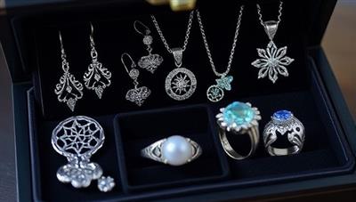 An elegant jewelry box filled with intricately designed 3D-printed earrings, necklaces, and rings, highlighting the precision and beauty of personalized jewelry creations.