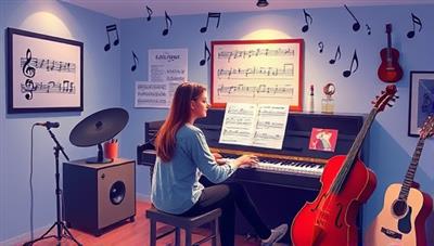 An artistic representation of a virtual music studio with a tutor guiding a student through a virtual piano lesson, surrounded by musical notes and instruments, conveying the harmonious and engaging nature of HarmonyTutor.