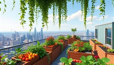 An architectural rendering of a vibrant rooftop garden oasis with cascading greenery, planter boxes filled with colorful fruits and vegetables, and a panoramic view of the city skyline in the background, illustrating the concept of SkyHarvest Urban's innovative rooftop gardening solutions in urban environments.