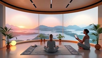 An artistic representation of a serene virtual wellness space with calming visuals, relaxation aids, and virtual coaching sessions taking place with individuals engaging in mindfulness practices and emotional well-being exercises, promoting a sense of peace and tranquility.