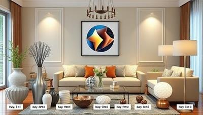 An image showcasing a beautifully decorated living room with various personalized 3D-printed home decor items like vases, sculptures, and lighting fixtures, highlighting the uniqueness and customization options of the products.