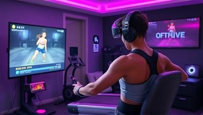 A dynamic image featuring a gamer engaging in a virtual fitness session, wearing gaming-themed workout attire and following a workout routine displayed on a screen, surrounded by gaming equipment and motivational fitness elements, highlighting the fusion of gaming and fitness in an interactive and engaging setting.