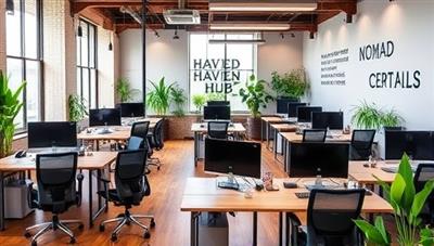 A modern and vibrant co-working space filled with sleek desks, comfortable ergonomic chairs, high-speed internet connections, lush plants, and inspirational quotes on the walls, creating a dynamic and collaborative environment that embodies the essence of Nomad Haven Hub.