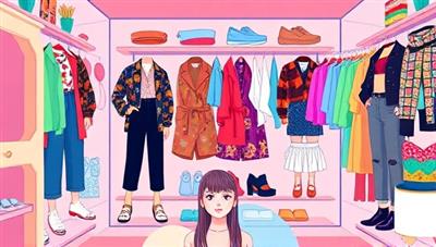 An artistic illustration showcasing a virtual avatar trying on different outfits in a digital fitting room, surrounded by colorful fashion elements and style inspirations, reflecting creativity and personalization.