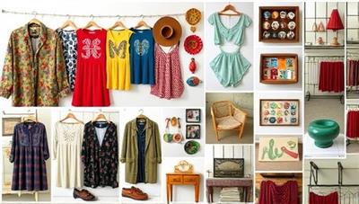 A visually appealing collage of vintage clothing pieces, retro accessories, and eclectic home decor items displayed on a virtual thrift shopping platform interface, showcasing the diversity and charm of the RetroRevive Marketplace for online thrift shopping enthusiasts.