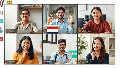 A virtual language exchange session depicted with diverse individuals engaging in conversations in different languages via video calls, showcasing cultural exchange and language immersion.