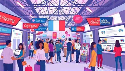 An engaging digital illustration of a vibrant marketplace setting with gig workers and businesses interacting on GigSphere Hub, featuring a diverse range of professionals and project listings, symbolizing the dynamic and interconnected nature of the gig economy talent marketplace.