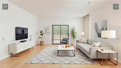 An AR-enhanced virtual room makeover showcasing a plain space transformed into a stylish and functional living area, with virtual furniture and decor elements overlaying the room to visualize the design concept, highlighting the platform's innovative design solutions.
