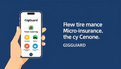 An illustration of a smartphone displaying the GigGuard app interface, with different gig icons representing services like food delivery, ride-sharing, and freelance work, showcasing the versatility and accessibility of micro-insurance.
