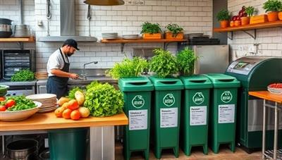 A vibrant restaurant kitchen scene with chefs preparing fresh, locally sourced ingredients, compost bins for food waste recycling, and eco-friendly kitchen appliances, illustrating a sustainable and environmentally conscious culinary environment.