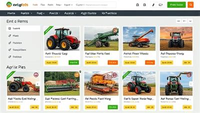 An agri-digital marketplace interface featuring a diverse selection of agricultural equipment available for rent, including tractors, harvesters, and precision farming tools, with detailed descriptions and user reviews, highlighting the convenience and accessibility of RentAgriTech's rental services.