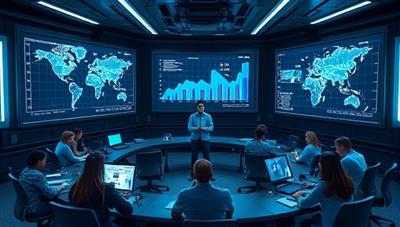A futuristic digital classroom setting with holographic charts displaying cryptocurrency trends, students interacting virtually from around the world, and a knowledgeable instructor guiding the session, encapsulating the cutting-edge and global nature of CryptoAcademy.